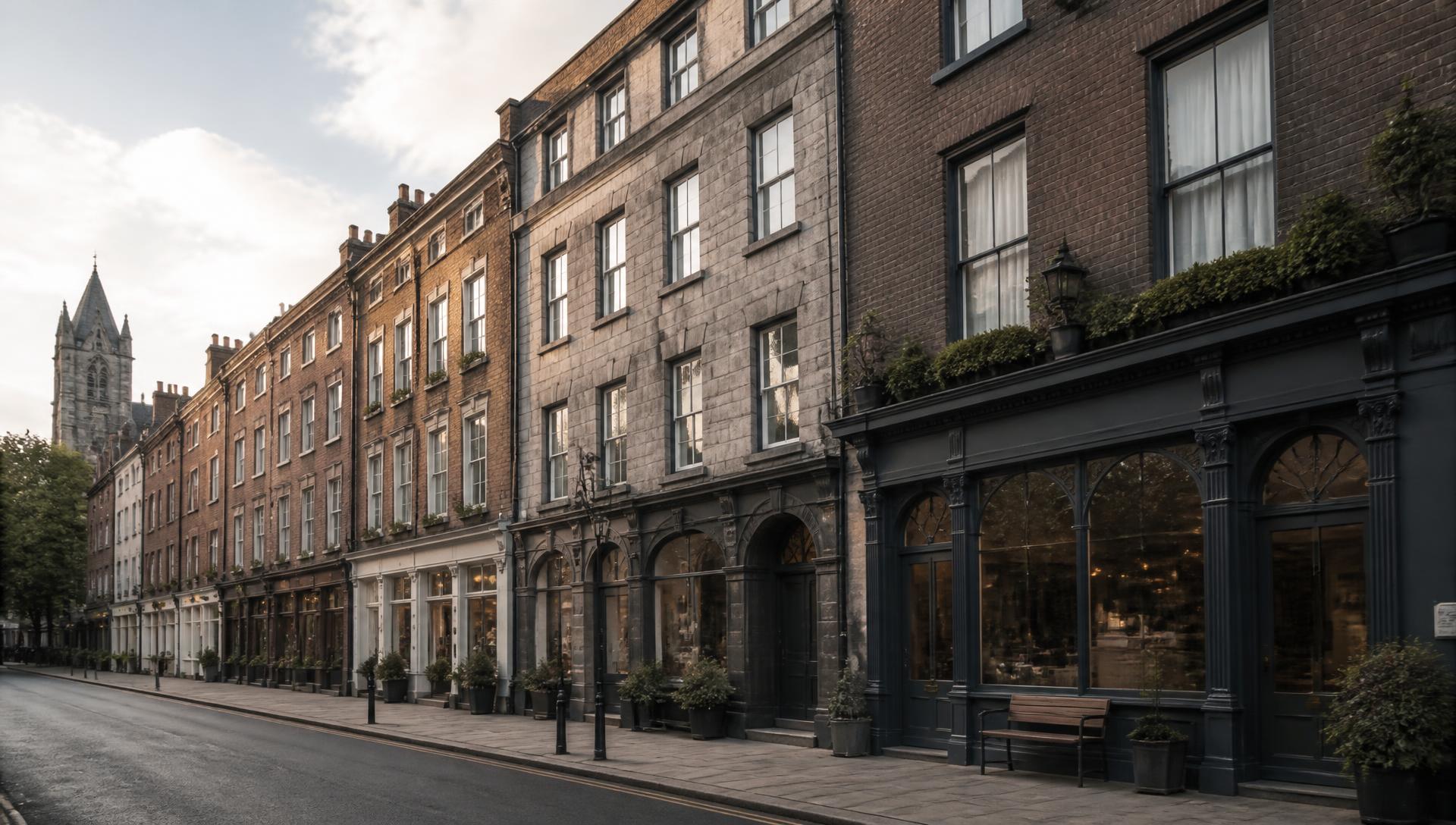Irish mixed-use street with shopfronts and residential floors above